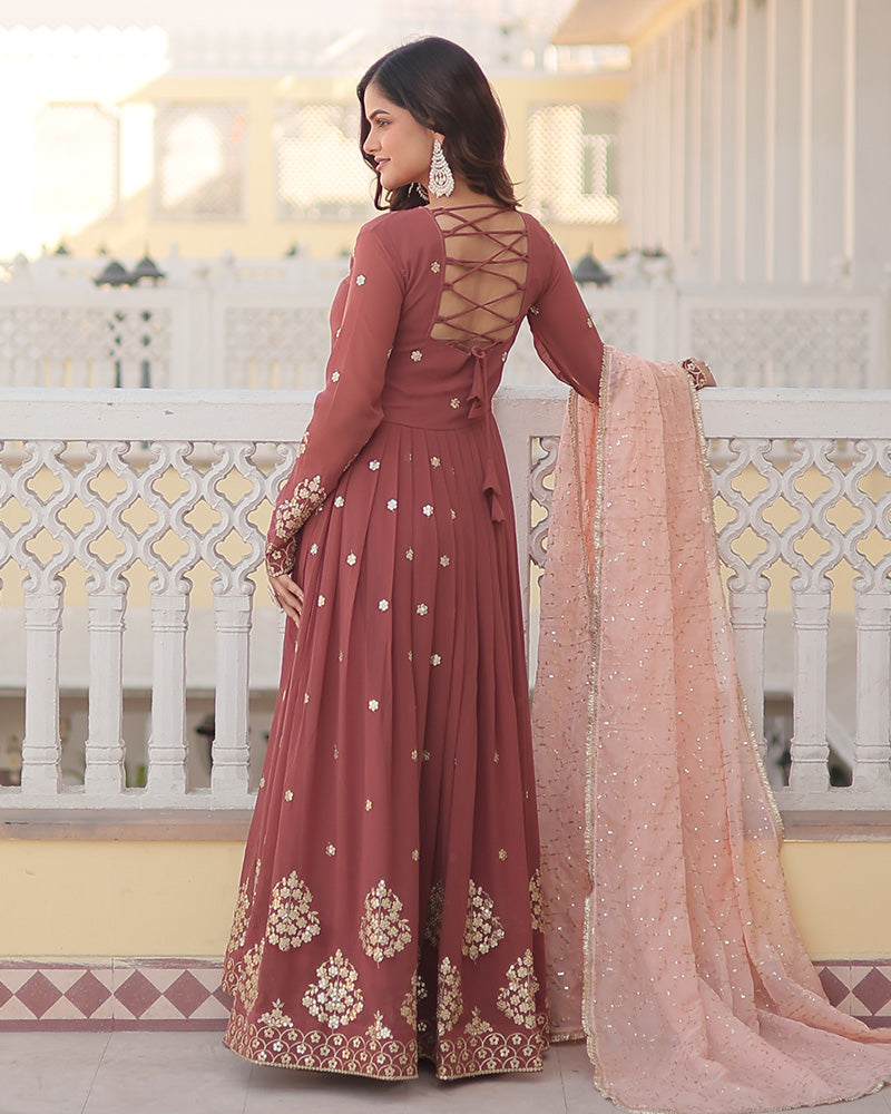 Chocolate Color Full Floor Length Anarkali Gown With Sequence Embroidery Dupatta