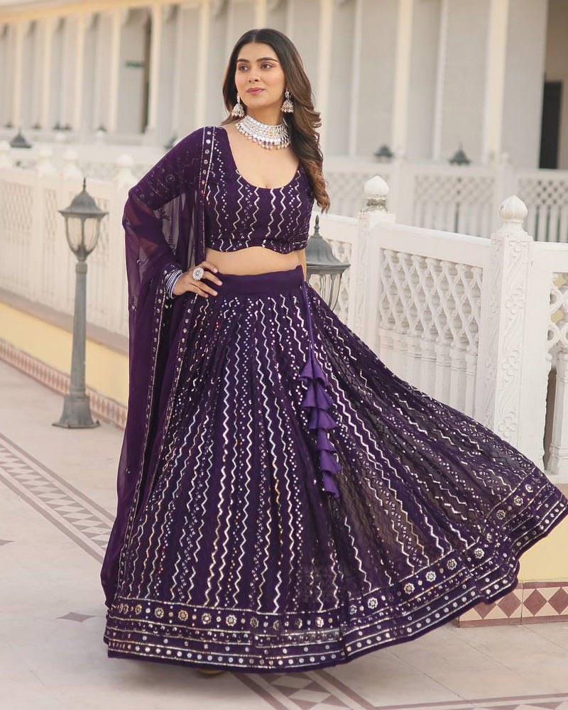 Wine Color Blooming Soft Georgette Heavy Embroidery Threaded Semi Stitched Lehenga Choli