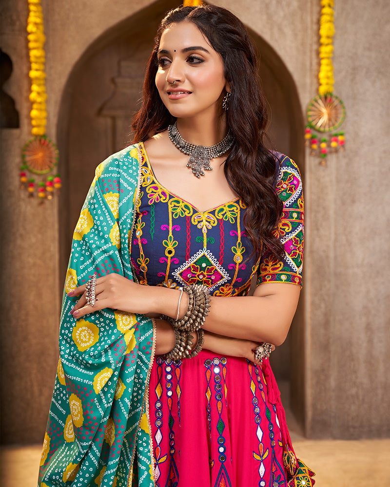 Deep Pink Color Viscose Rayon Mirror Work Navratri Lehenga Choli