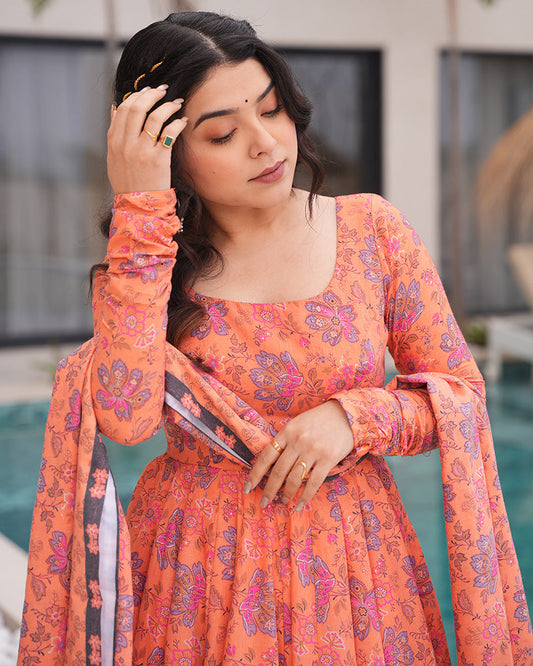 Orange Color Printed Soft Cotton Three Piece Anarkali Suit