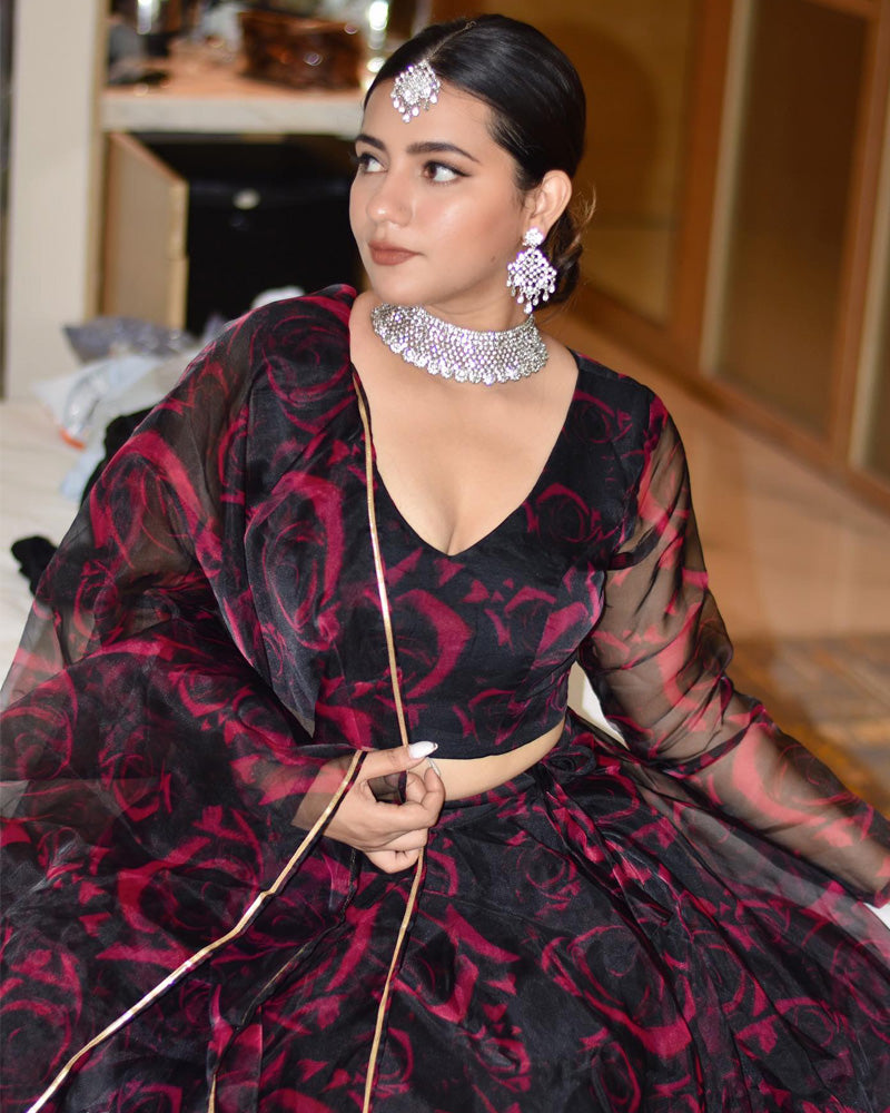 Sonia Verma Wine Floral Soft Organza Silk Full Stitched Lehenga Choli