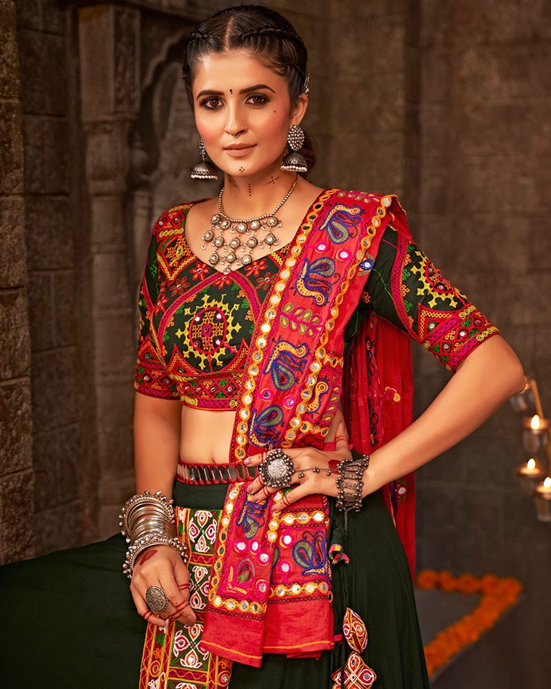 Dark Green Color Viscose Rayon Thread With Mirror Work Navratri Lehenga Choli