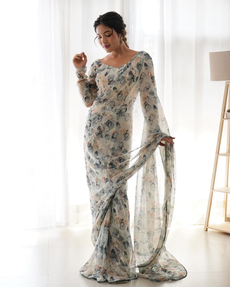 Floral Cream Off White Colour Chiffon Pre Drapped Saree