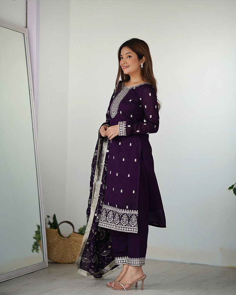 Purple Color Rangoli Silk Three Piece Kurti Suit