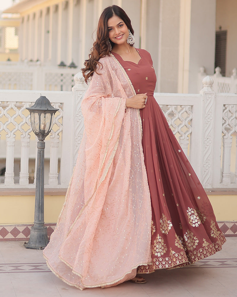 Chocolate Color Full Floor Length Anarkali Gown With Sequence Embroidery Dupatta