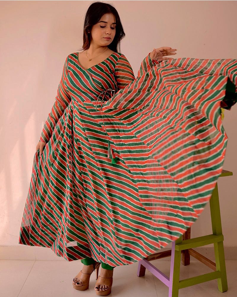 Green And Red Color Laheriya Print Tabby Organza Anarkali Suit