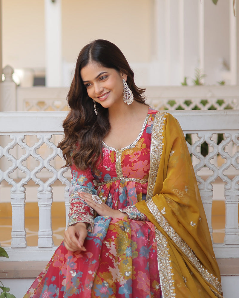 Wedding Wear Floral Embroidered Red Color Alia Cut Gown With Dupatta