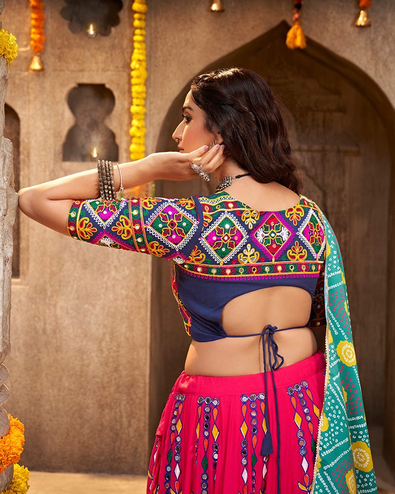 Deep Pink Color Viscose Rayon Mirror Work Navratri Lehenga Choli
