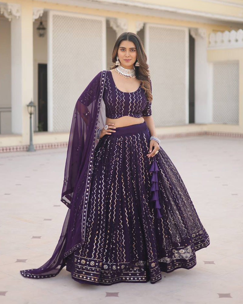 Wine Color Blooming Soft Georgette Heavy Embroidery Threaded Semi Stitched Lehenga Choli