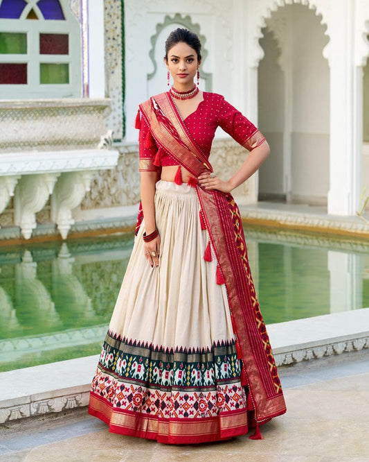 Off-White Color Tussar Silk Patola Printed Lehenga Choli