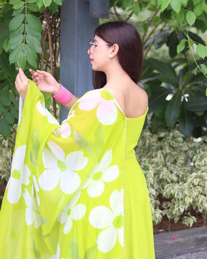 Neon Color Soft Georgette Anarkali Gown With Floral Printed Dupatta