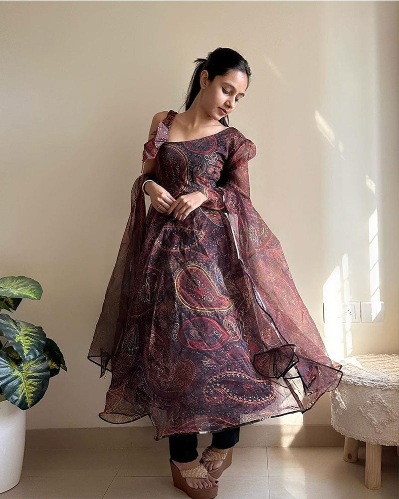Brown Color Printed Soft Organza Anarkali Three Piece Suit