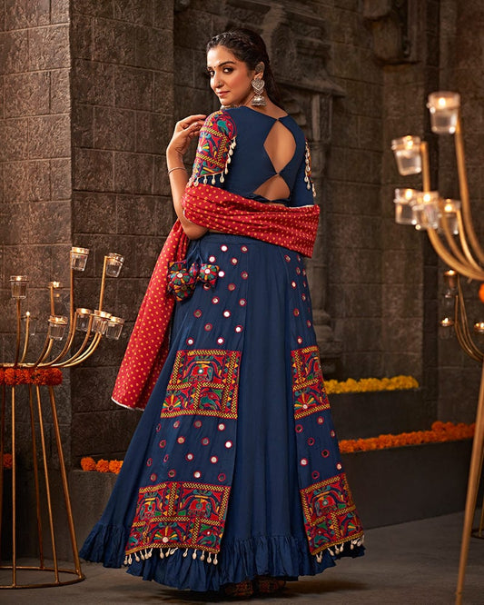 Royal Blue Color Viscose Rayon Thread With Mirror Work Navratri Lehenga Choli