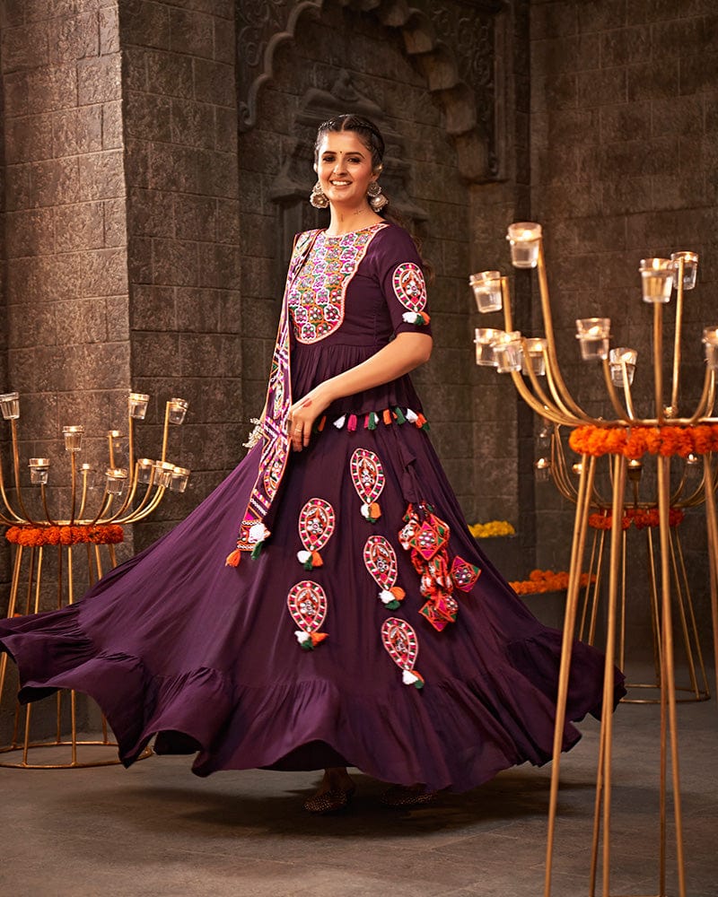 Purple Color Viscose Rayon Thread With Mirror Work Navratri Lehenga Choli
