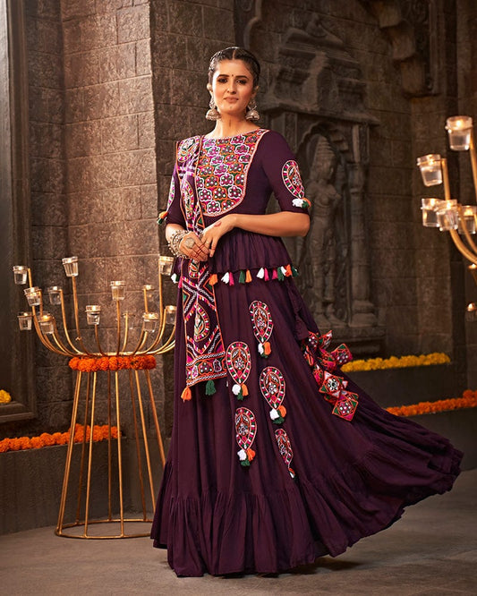 Purple Color Viscose Rayon Thread With Mirror Work Navratri Lehenga Choli