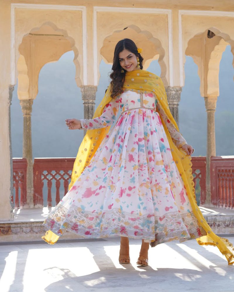 Wedding Wear Floral Embroidered White Color Gown With Dupatta