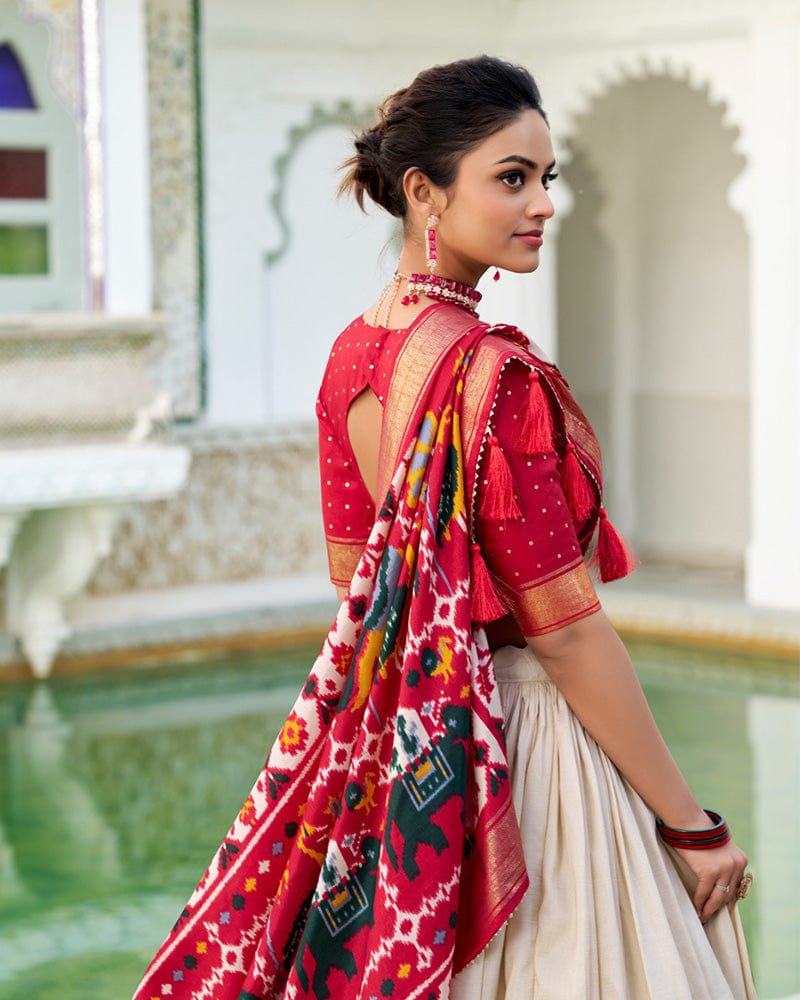 Off-White Color Tussar Silk Patola Printed Lehenga Choli