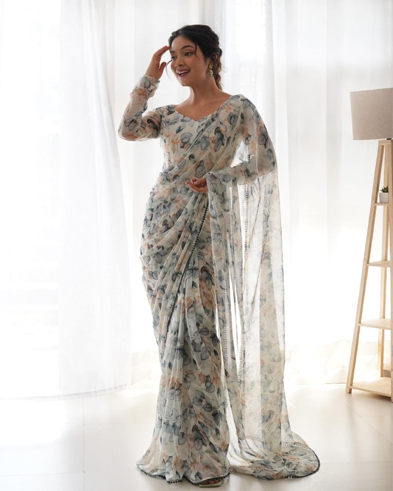 Floral Cream Off White Colour Chiffon Pre Drapped Saree