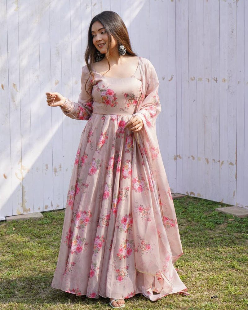 Light Chocolate Color Floral Print Soft Organza Silk Kali Cut Anarkali Suit