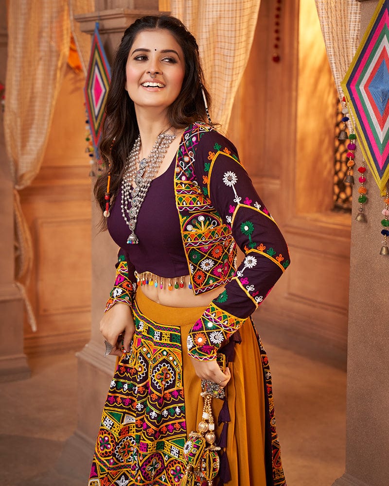 Mustard Yellow Color Viscose Rayon Threaded Fully Stitched Navratri Lehenga Choli