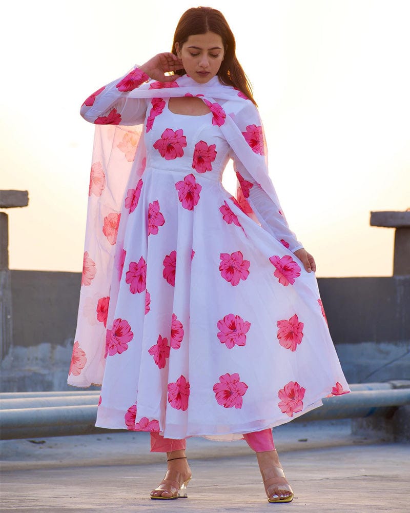 Sonia Verma White Rose Colour Three Piece Organza Tebby Anarkali Suit