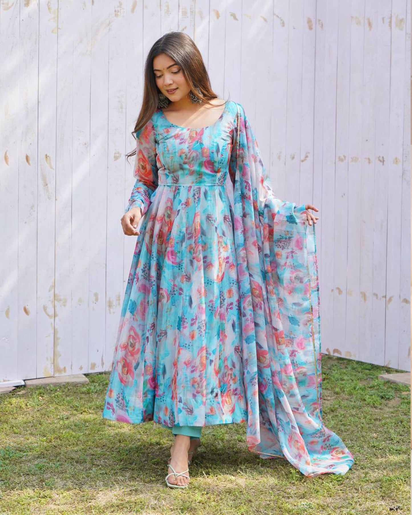 Sky Blue Multi Color Print Organza Three Piece Anarkali Suit