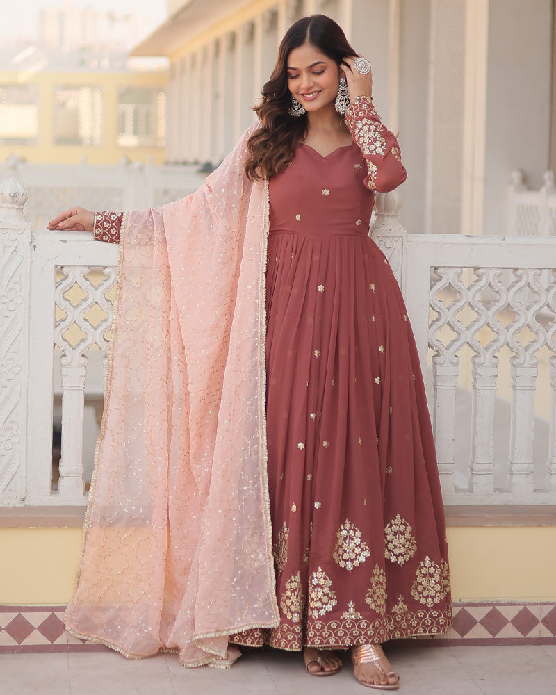 Chocolate Color Full Floor Length Anarkali Gown With Sequence Embroidery Dupatta