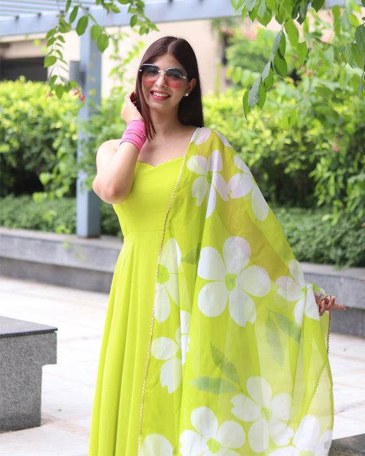 Neon Color Soft Georgette Anarkali Gown With Floral Printed Dupatta