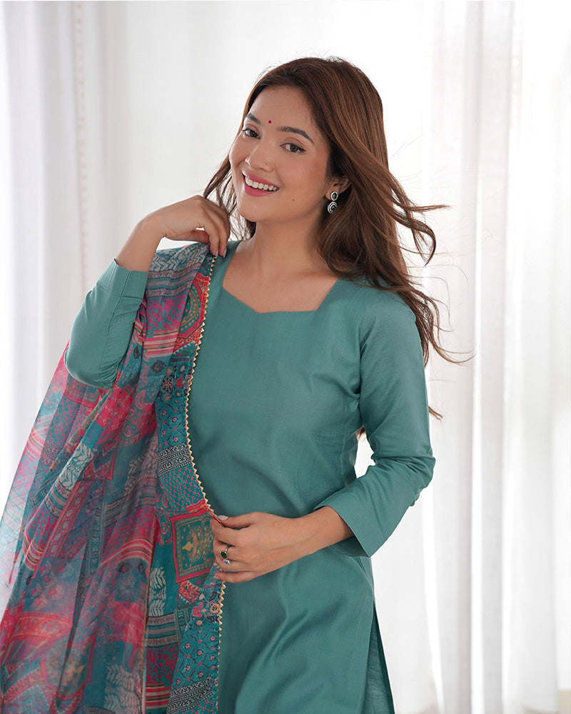 Sea Green Color Viscose Ready To wear Three Piece Kurti Suit