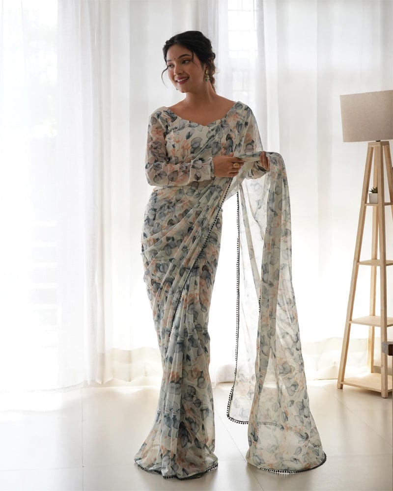 Floral Cream Off White Colour Chiffon Pre Drapped Saree