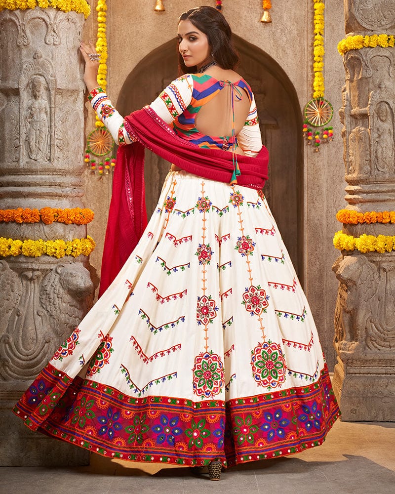 Pearl white Color Viscose Rayon Thread With Mirror Work Navratri Lehenga Choli