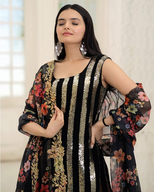 Black Color Designer Three Piece Sharara Suit