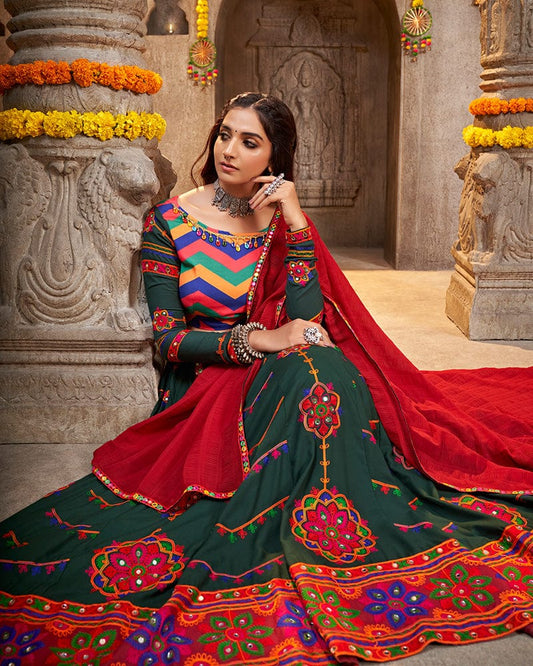 Green Color Viscose Rayon Thread With Mirror Work Navratri Lehenga Choli