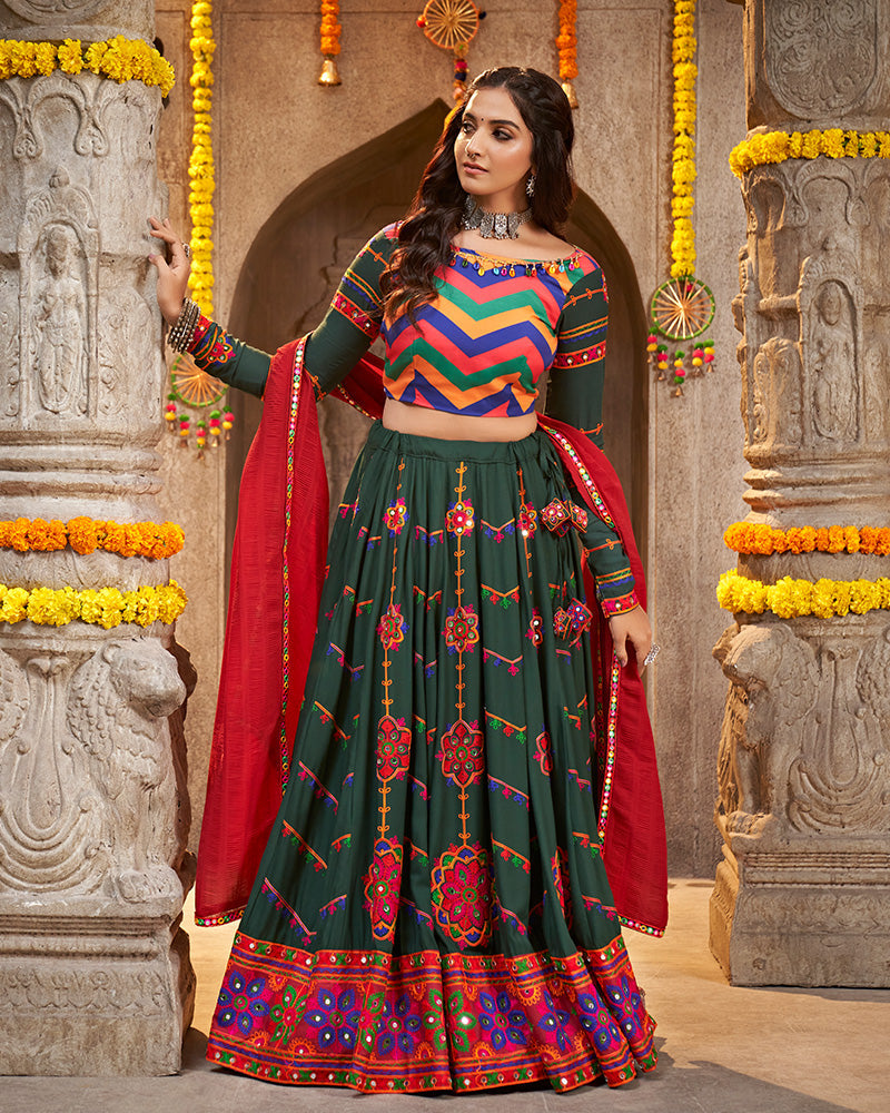Green Color Viscose Rayon Thread With Mirror Work Navratri Lehenga Choli