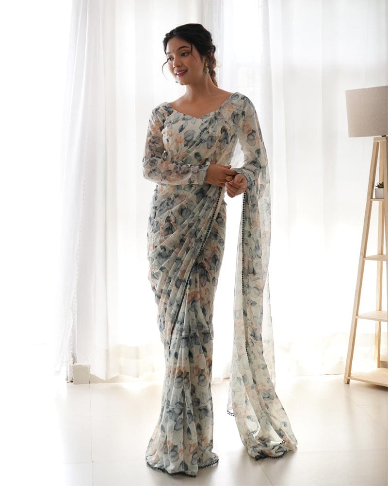 Floral Cream Off White Colour Chiffon Pre Drapped Saree