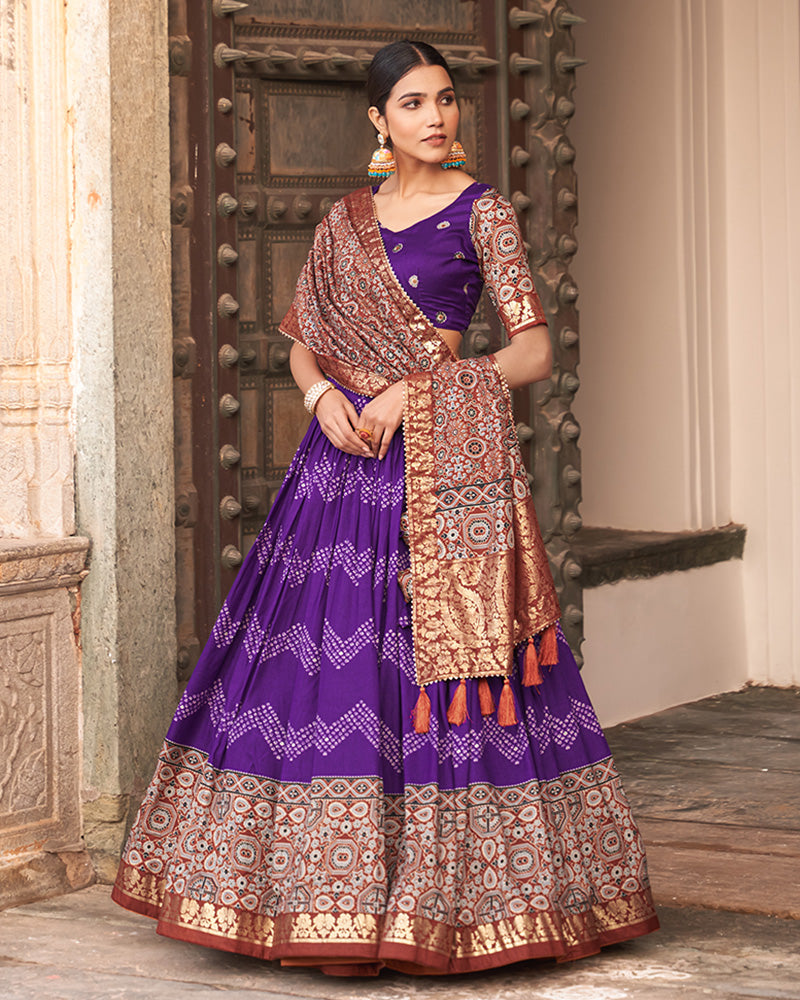 Designer Purple Color Ajarakh Print Silk Lehenga Choli
