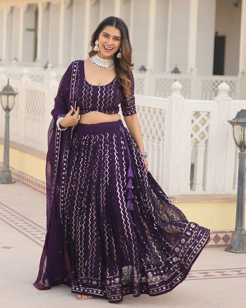 Wine Color Blooming Soft Georgette Heavy Embroidery Threaded Semi Stitched Lehenga Choli