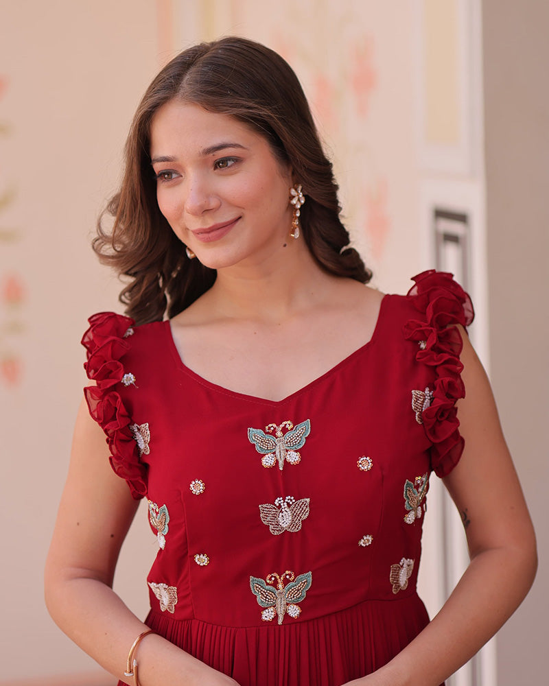 Red Color Faux Blooming Embroidered work Gown