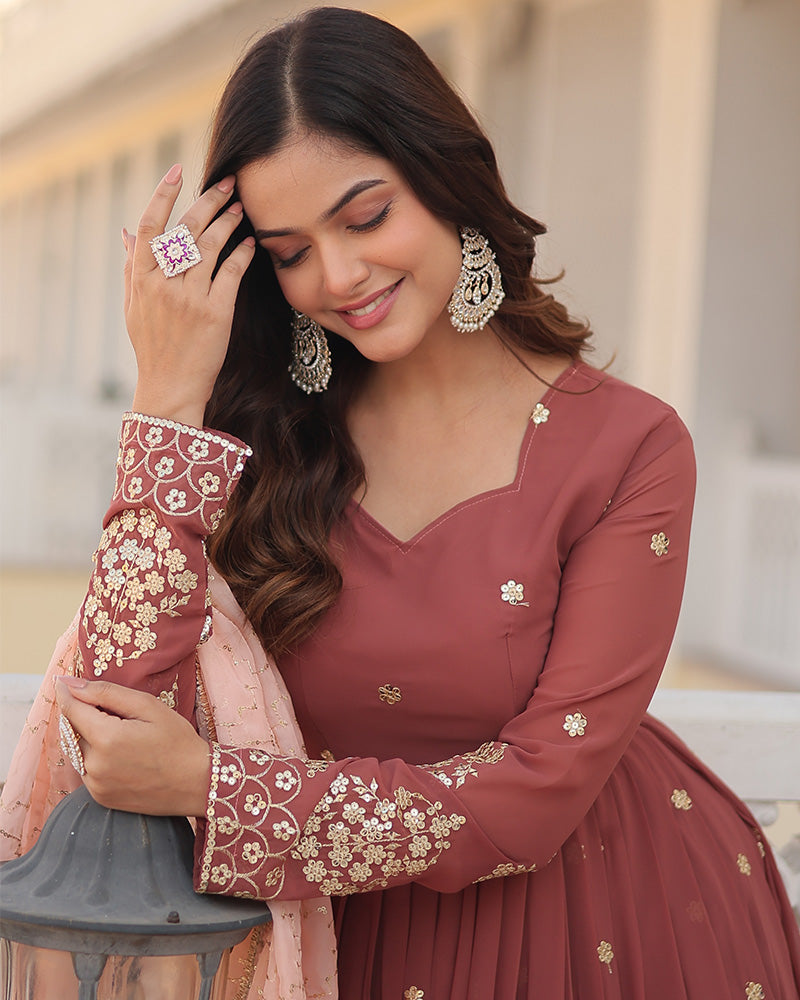 Chocolate Color Full Floor Length Anarkali Gown With Sequence Embroidery Dupatta