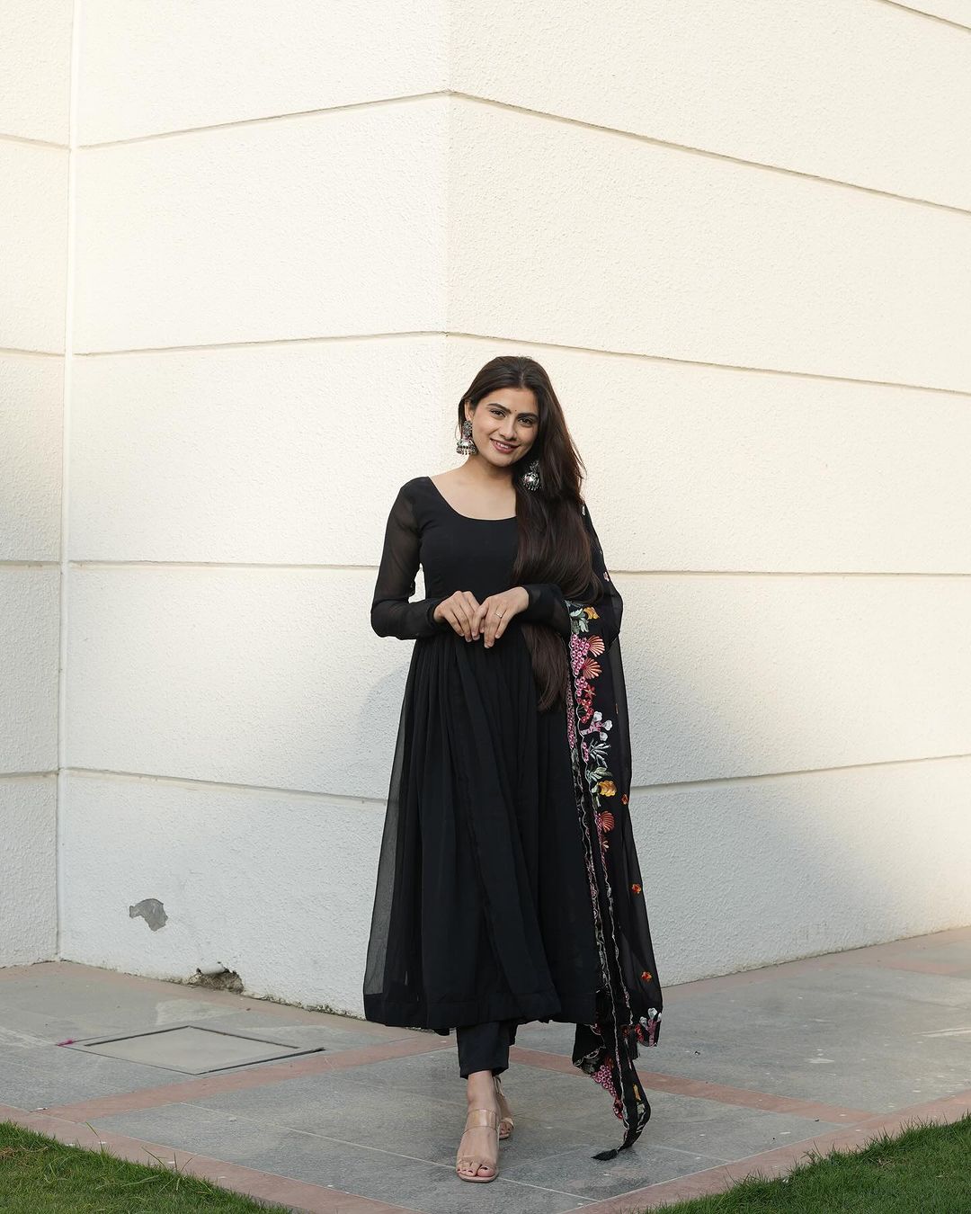 Diksha Mohanpawar in Georgette Black Colour Backless Anarkali Three Piece Suit