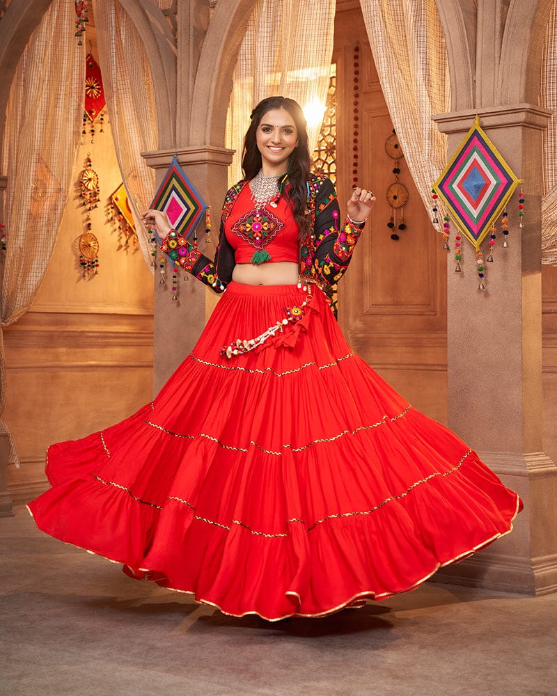 Red Color Viscose Rayon Threaded Fully Stitched Navratri Lehenga Choli