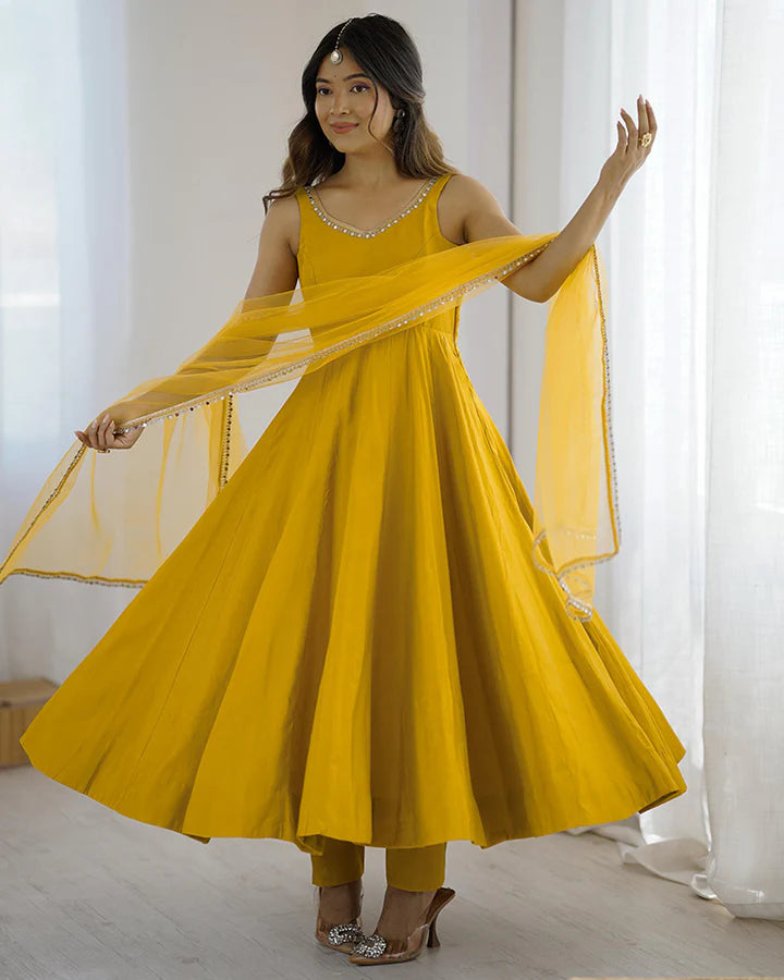Bright Yellow Roman Silk Anarkali Suit Set with Dupatta & Pants