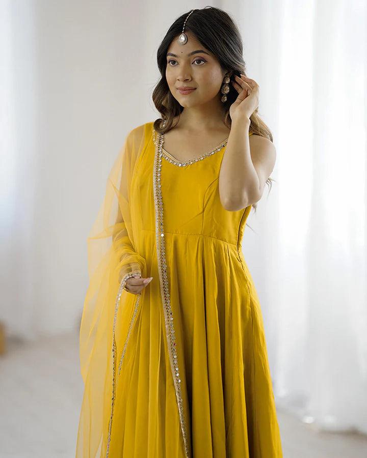 Bright Yellow Roman Silk Anarkali Suit Set with Dupatta & Pants