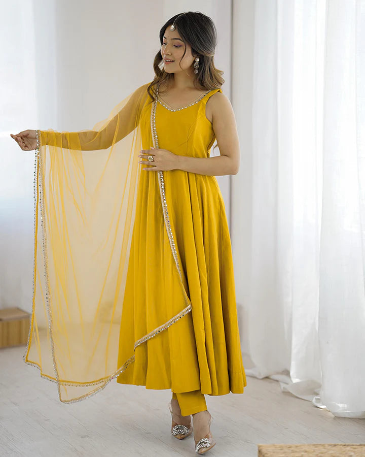 Bright Yellow Roman Silk Anarkali Suit Set with Dupatta & Pants