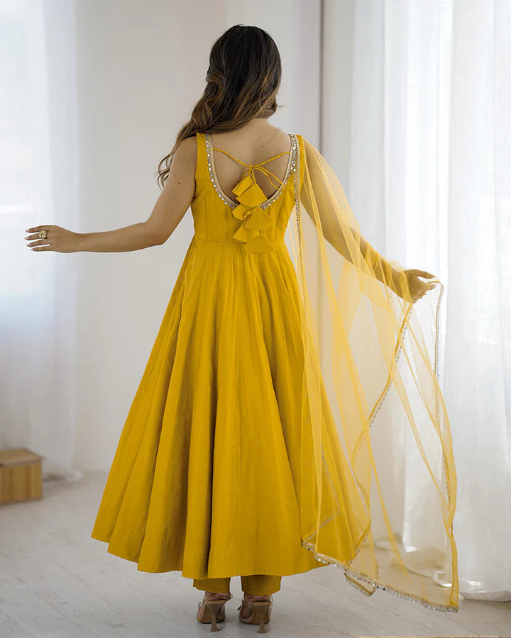 Bright Yellow Roman Silk Anarkali Suit Set with Dupatta & Pants