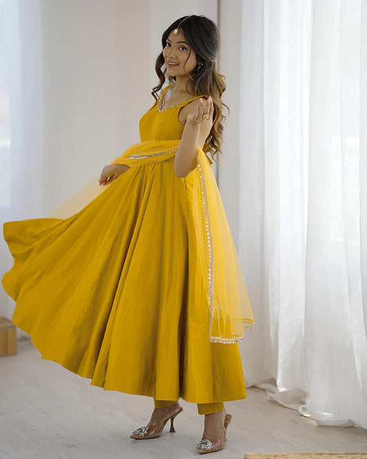 Bright Yellow Roman Silk Anarkali Suit Set with Dupatta & Pants