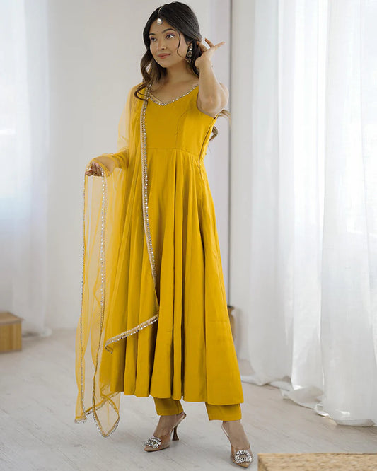 Bright Yellow Roman Silk Anarkali Suit Set with Dupatta & Pants
