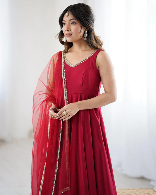 Classic Red Roman Silk Anarkali Suit Set with Dupatta & Pants