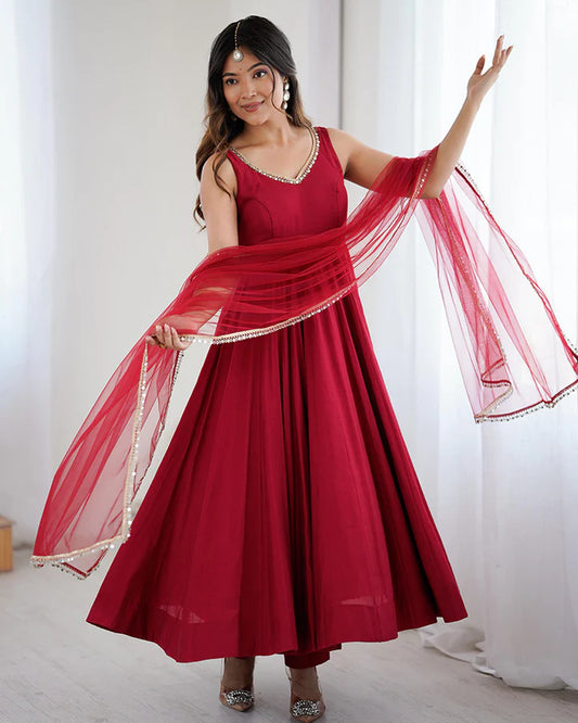 Classic Red Roman Silk Anarkali Suit Set with Dupatta & Pants