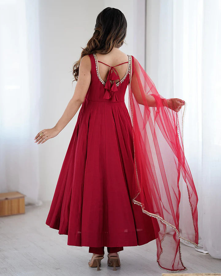 Classic Red Roman Silk Anarkali Suit Set with Dupatta & Pants